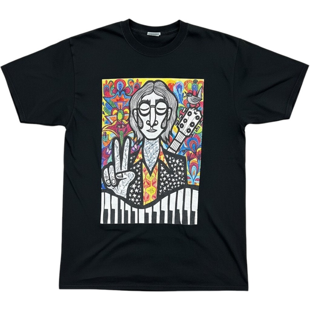 John Lennon Psychedelic Pop Art Graphic T-Shirt Black Gildan Large Heavy Cotton
